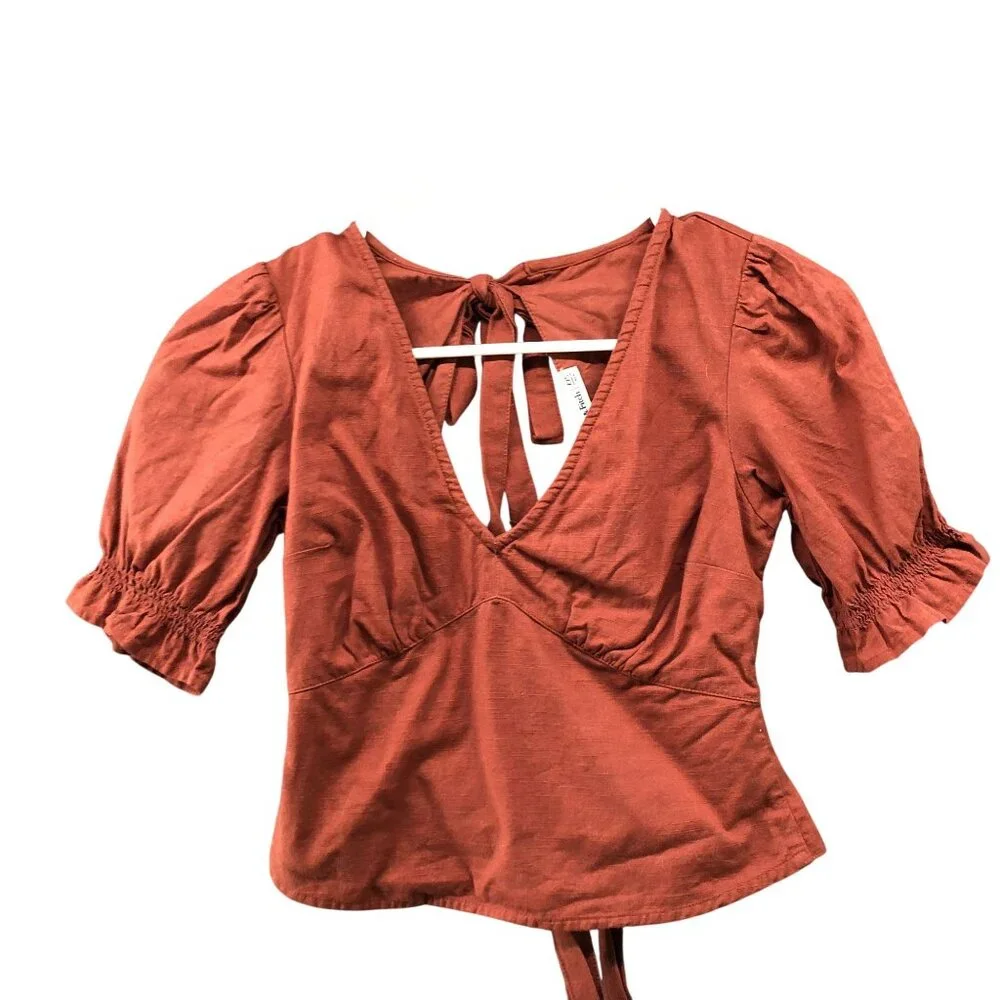 Abercrombie & Fitch Puff Sleeve Blouse Womens XXS Tan Brown V-Neck Tie Open Back